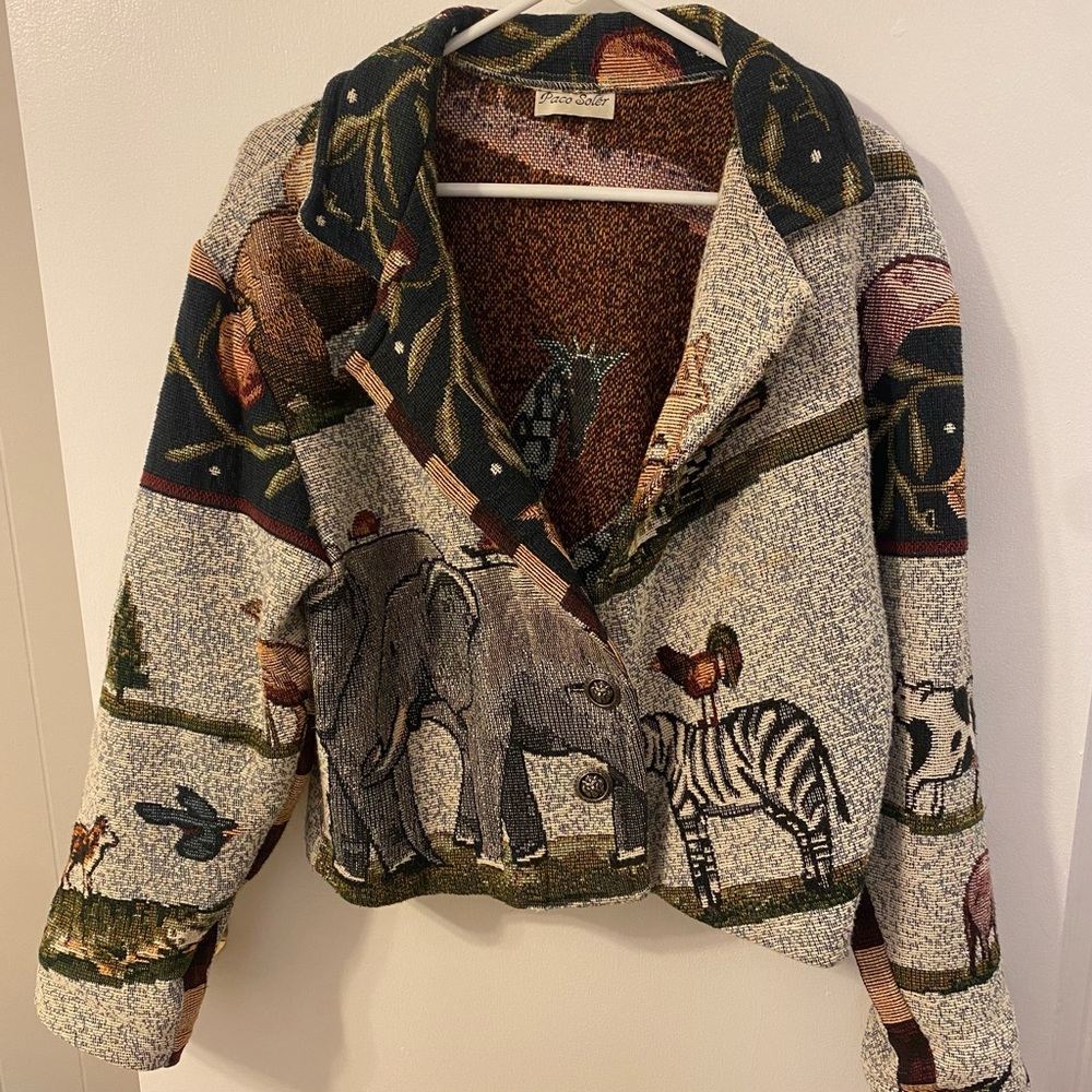 Vintage 90s Paco Soler Cropped Blazer Jacket SZ M Woven Tapestry Design